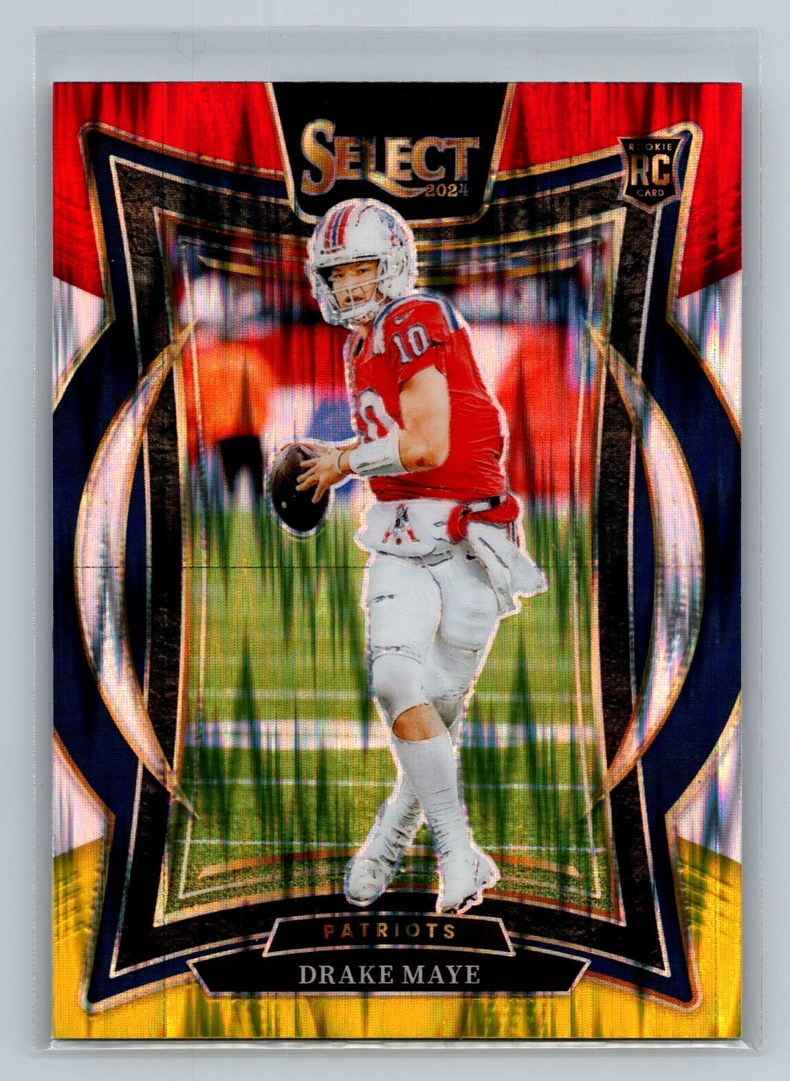 2024 Panini Select Drake Maye #27 Red & Yellow Prizm Shock RC Patriots