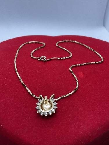 VINTAGE ITALY 14K Yellow Gold Chain Necklace w/Diamonds HORSESHOE HEART Pendant - Picture 9 of 23