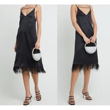FINAL CLEARANCE NWT O.P.T. Kailah Black Feather Slip Satin Midi Dress Size L