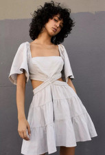 Free People Beige Cut Out Puff Sleeve Tiered Smocked Mini Dress - Size L