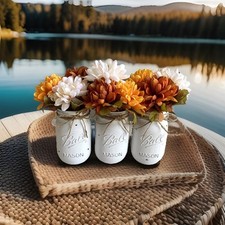 Set of 3 chalk painted distressed mason jar vases w/faux flowers included