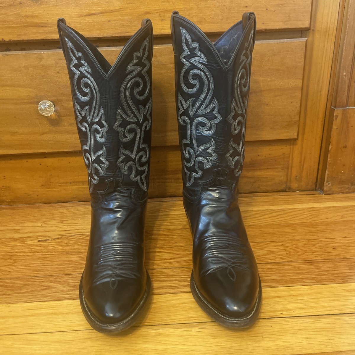 りこ Justin 1409 Boots Cowboy Western Black Leather Embroidered Men's