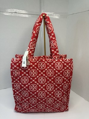 Tory Burch Double T Monogram Terry Tote Bag-NWT-Strawberry Red/White