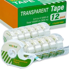 VEESA Transparent Tape with Dispenser, 3/4 X 1000 Inches, 12 Rolls Clear Tapes f