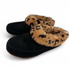 Sorel Go Coffee Run Slippers Women  s 8 Black Slip On Black Leopard Faux Fur Cozy