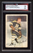 1953-54 PARKHURST #91 FLEMING MACKELL WITH BIO KSA 2 GD