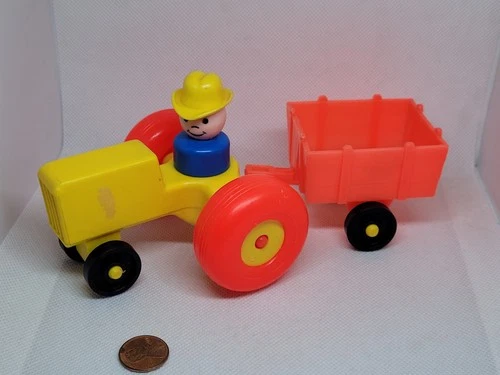 Vintage Fisher Price little people yellow tractor, red cart, farm boy cowboy