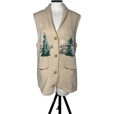 Eddie Bauer Legends Wool Knit Ski Scene Sweater Vest Women's L Beige Vintage