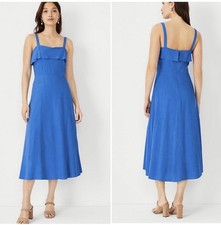 Ann Taylor Blue Woven A-Line Dress Sleeveless Square Neck Ruffle Midi Size 6