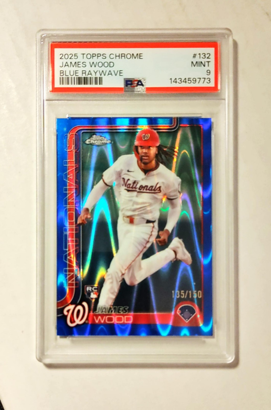 James Wood 2025 Topps Chrome RC BLUE RayWave REFRACTOR /150 PSA 9 #132 z4