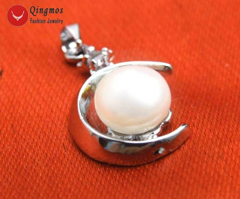18mm Moon Pendant Necklace for Women 9-10mm Round White Pearl 17" Chain Chokers - Image 3 of 4