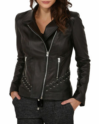 Women Stylish Laced Coat Genuine Lambskin Motorcycle Black Biker Leather Jacket