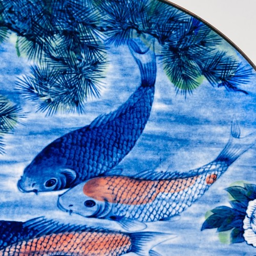 Japanese Koi Fish Goldfish Ceramic Plate Blue Orange Large Made in Japan 12.5 In - Picture 5 of 12