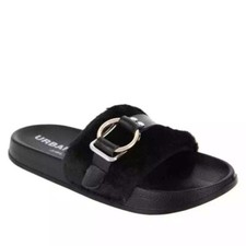 Urban Sport by J/Slides Womens Gold Buckle Slide Sandals Black Faux Fur 8M