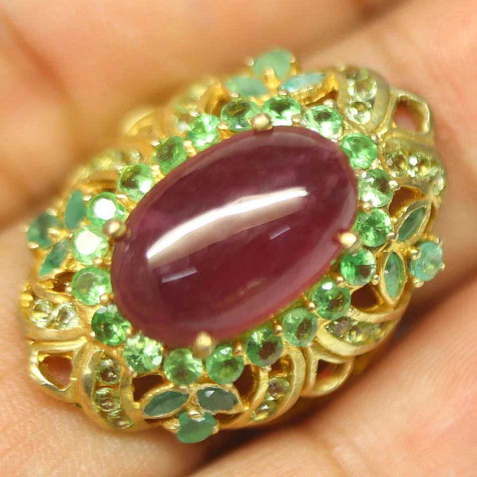 Heizbar Edelstein Rot Rubin,Smaragd,Peridot & Tsavorit Ring 925 Silber Size 7.5 - Bild 2 von 4