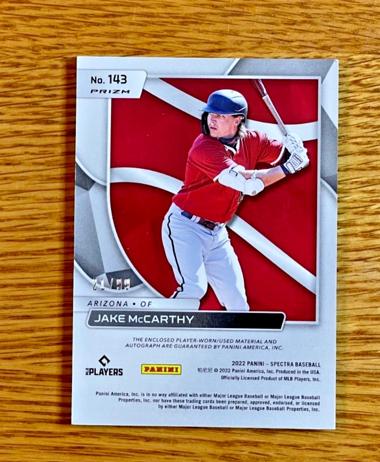 JAKE MCCARTHY 2022 Panini Chronicles #143 Spectra RC Blue Prizm Relic Auto /99 - Image 2 of 2