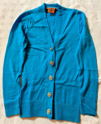 TORY BURCH Cardigan V-Neck Sweater Turquoise Size XS Logo Buttons Merino Wool