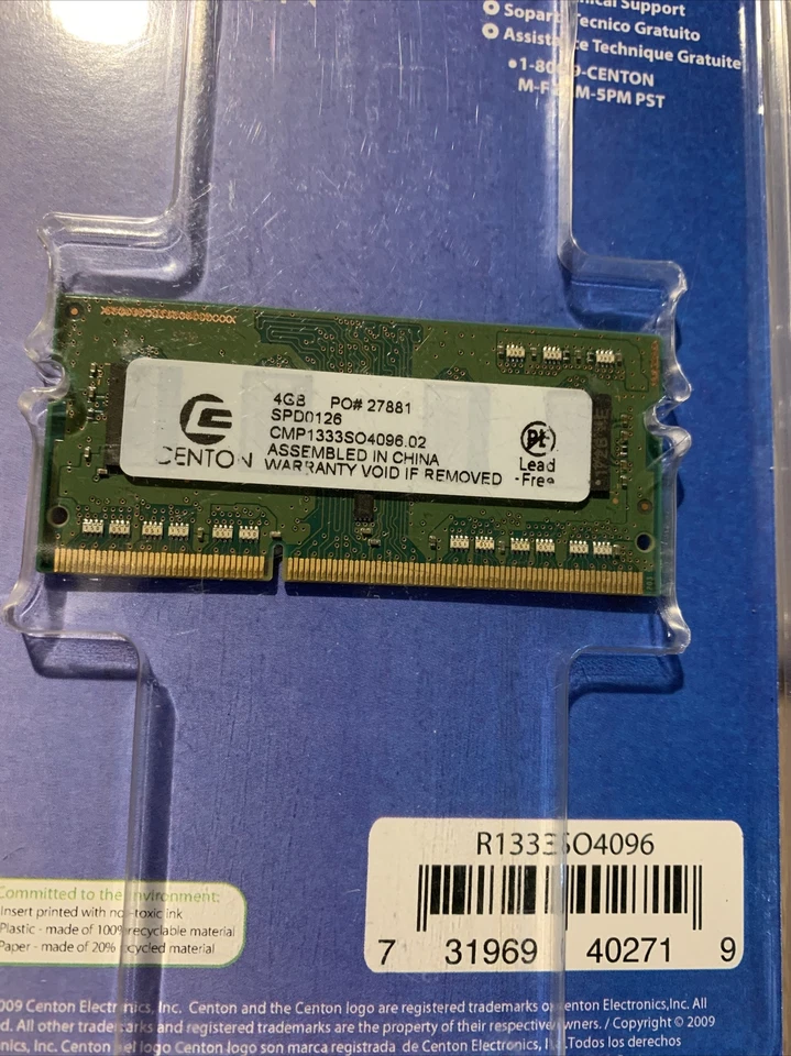 Centon PC3-10600 1333MT/S DDR3 (SODIMM) Dual-Channel Kit 4GB R1333SO4096 - Image 3 of 4