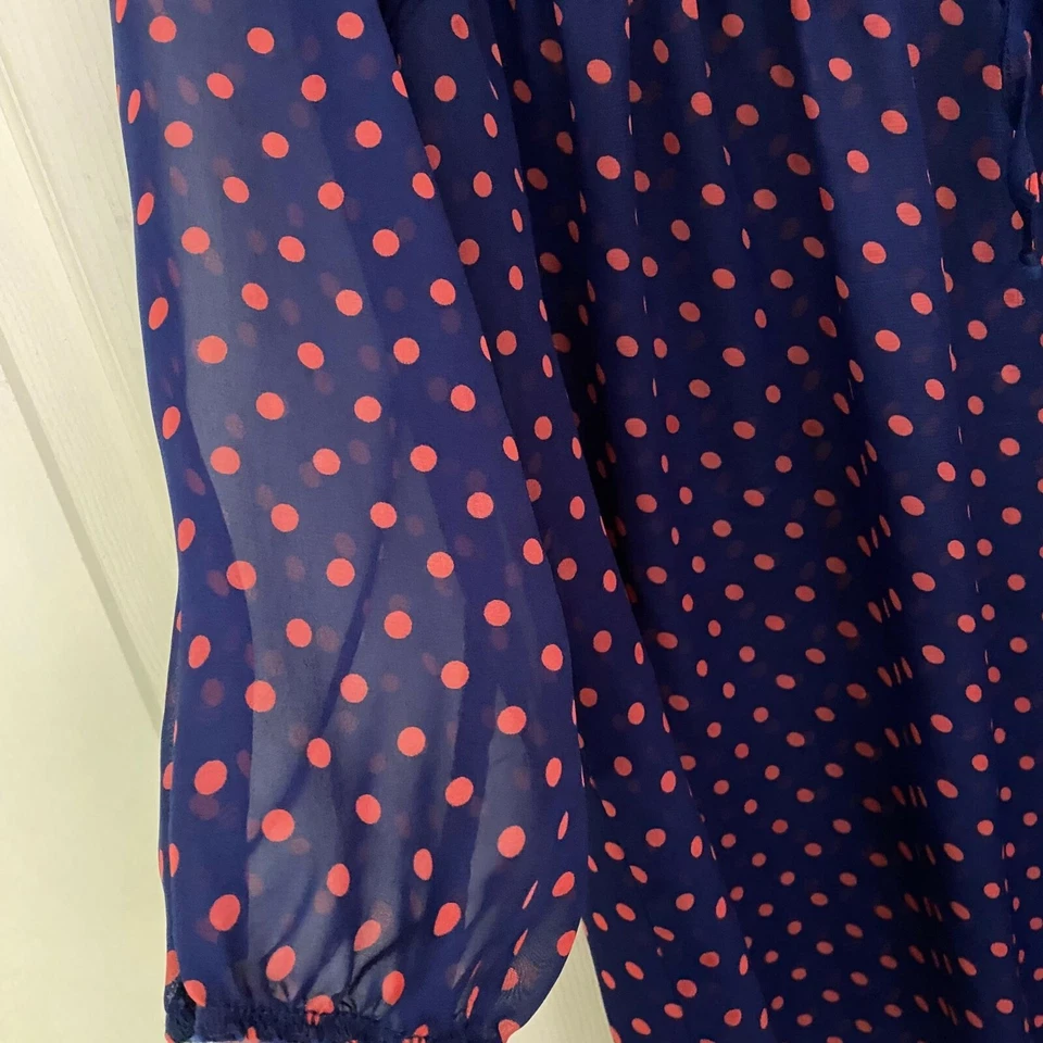 Lavish Maternity Women's Blue Pink Polka Dot Tie Neck 3/4 Sleeve Blouse Sz Large - Image 4 of 4