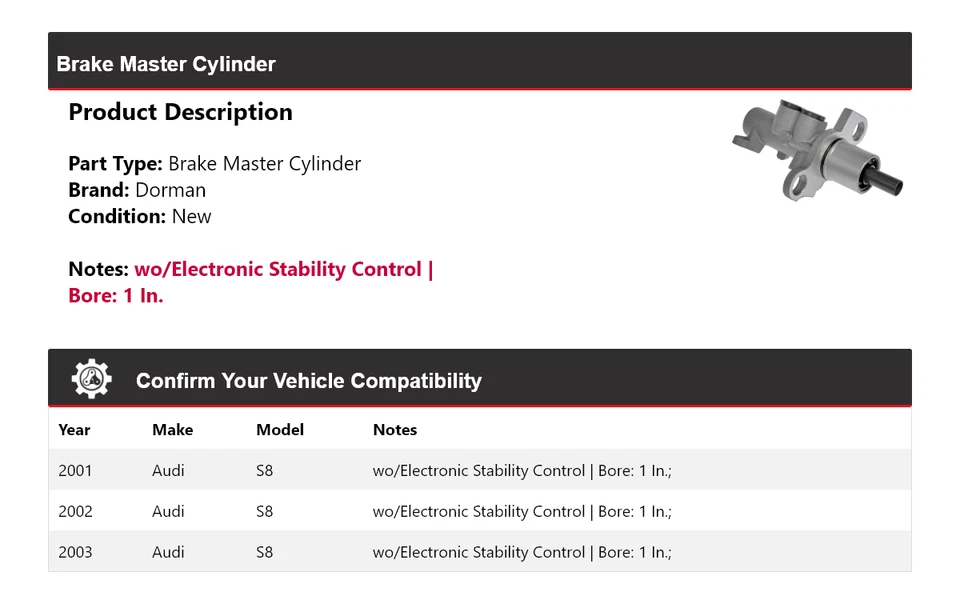 Cilindro maestro de freno para Audi S8 Dorman 2001-2003 2002 Foto 2 de 4