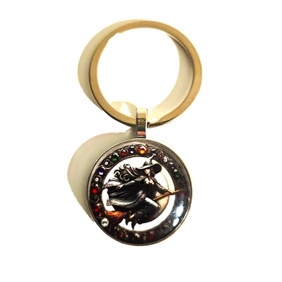 Witch on Broom Keychain Gothic Halloween Charm Crystal Moon Silver Metal Gift