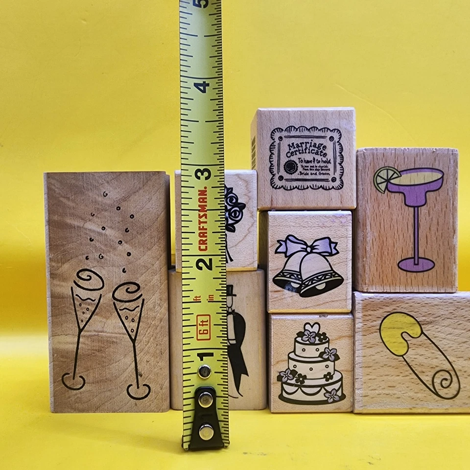 Lote de estampillas de goma de madera montadas con temática de boda ramo de pastel novia novio bebé Foto 2 de 4