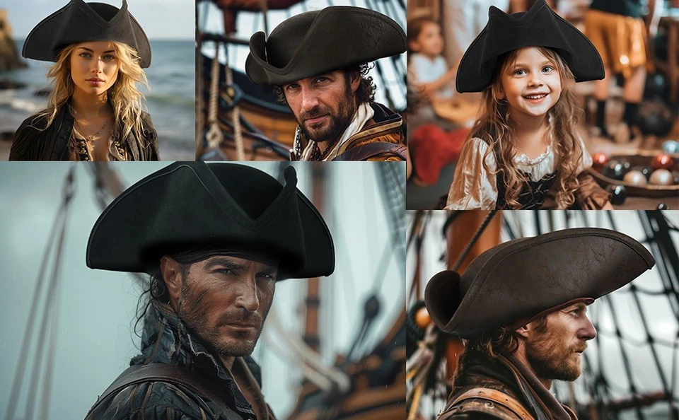 Authentic Black Pirate Hat for Adult Leather Tricorn Hat Halloween Colonial C… - Image 3 of 4