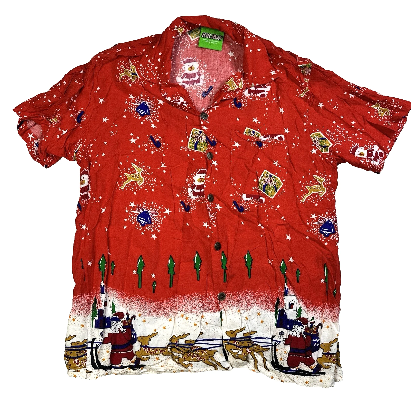 Mens Holiday Christmas Hawaiian Shirt Short Sleeve Santa Claus Red Size Large
