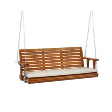 VINGLI 5 FT 3-Seater Brown Wooden Porch Swing with Chains and Plush Cushion