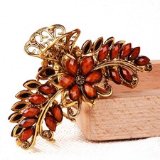 Large Metal Rhinestone Alloy Hair Claw Jaw Clip Retro Flowers Clamp Brown