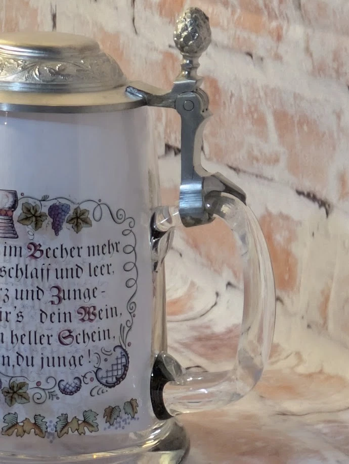 Винтажная немецкая оловянная стеклянная крышка для пива J. Gerz «Wein Trinker» для виноградника - Изображение 4 из 4