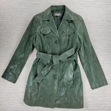 Kenar Green Leather Belted Trench Coat Womens 8 Jacket Liquid Embossed 