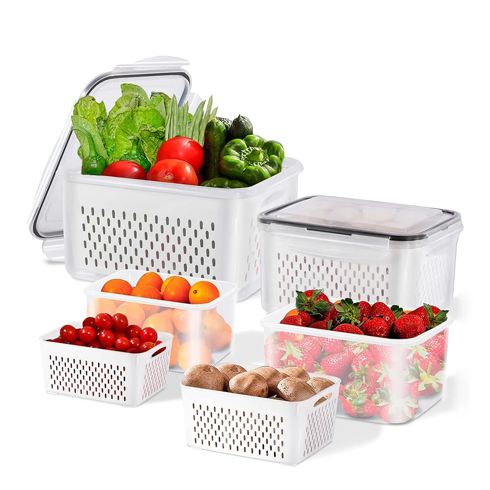 3Pcs 4 in 1 Fruit Containers for Fridge with Removable Colanders and Lids, Ai...