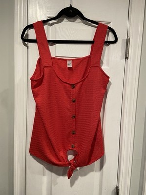 Just Be Size 1X Button Tie Front Sleeveless Lightweight Red Textured Tank Top