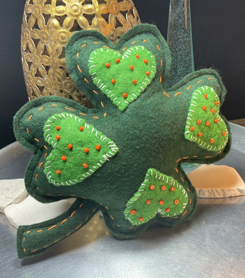 Handmade Felt Soft Filled Shamrock Beaded , Irish Theme Gift Idea 