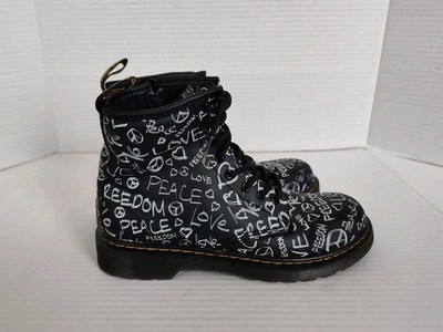 Dr Martens 1460 Script J Black Boots Girls Youth Size 5 Peace Love Freedom Logo 