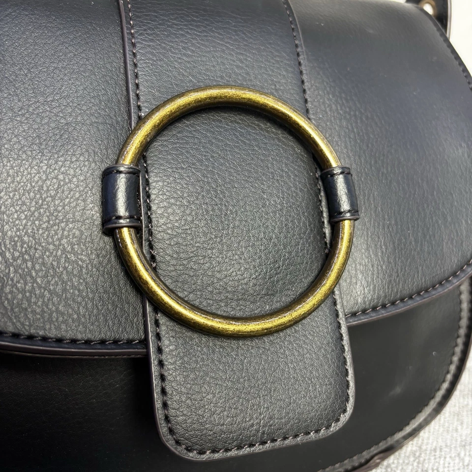 A.N.A. Black Leather Crossbody A New Approach Bag Adjustable Strap Brass Accents - Image 2 of 4