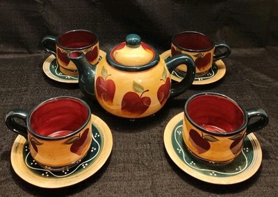 Vintage Teapot Set Casa Vero By ACK , Hand Painted Country Apple Pattern Ds3