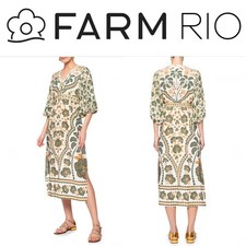 FARM RIO Brasil Low Neck Peasant Midi Dress M Palms Tropical Boho Empire Waist