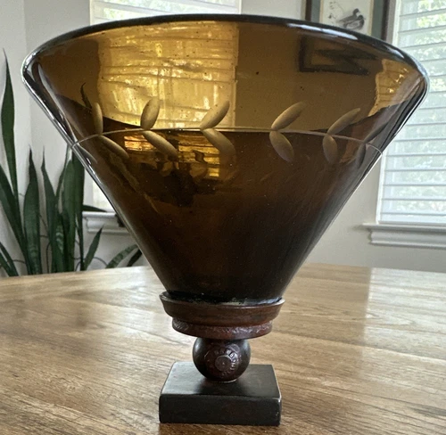 Jan Barboglio Martini Glass  Forged Iron Hand Blown Amber Etched  Laurel Wreath