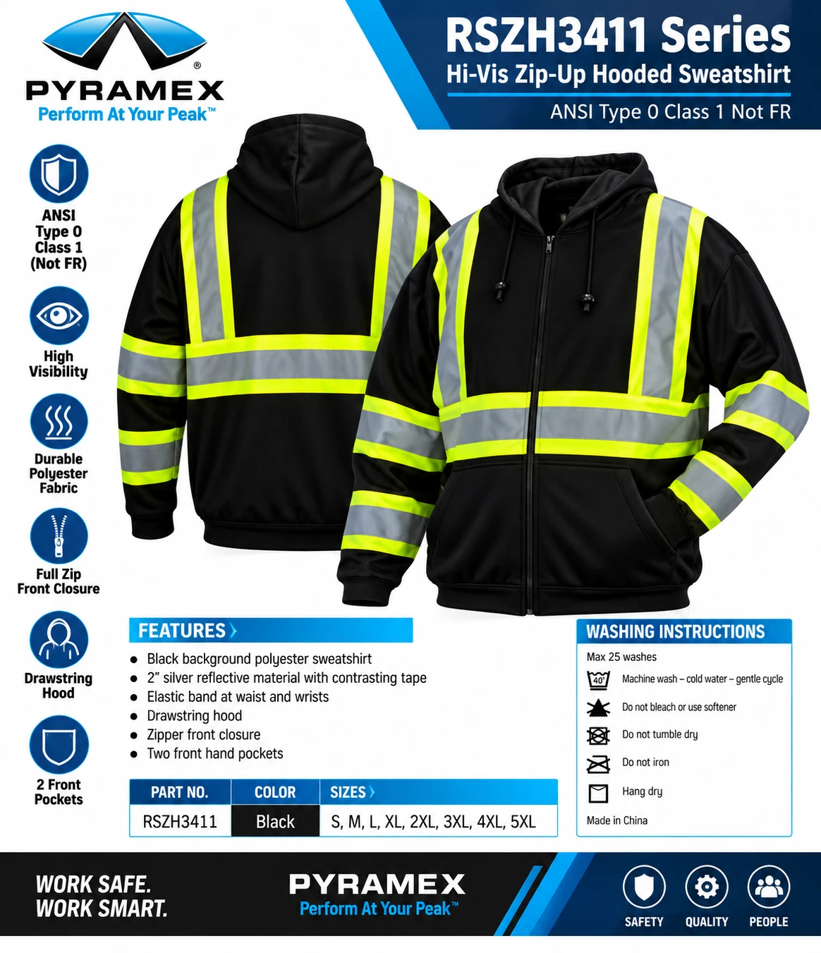RSZH3411 Black Hi Vis Reflective Road Work Full Zip Up Hooded Fleece Sweatshirt - product detail image 4