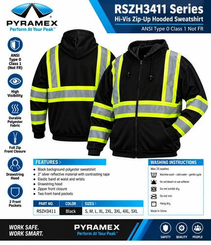 RSZH3411 Black  Hi Vis Reflective Road Work Full Zip Up Hooded Fleece Sweatshirt image 4