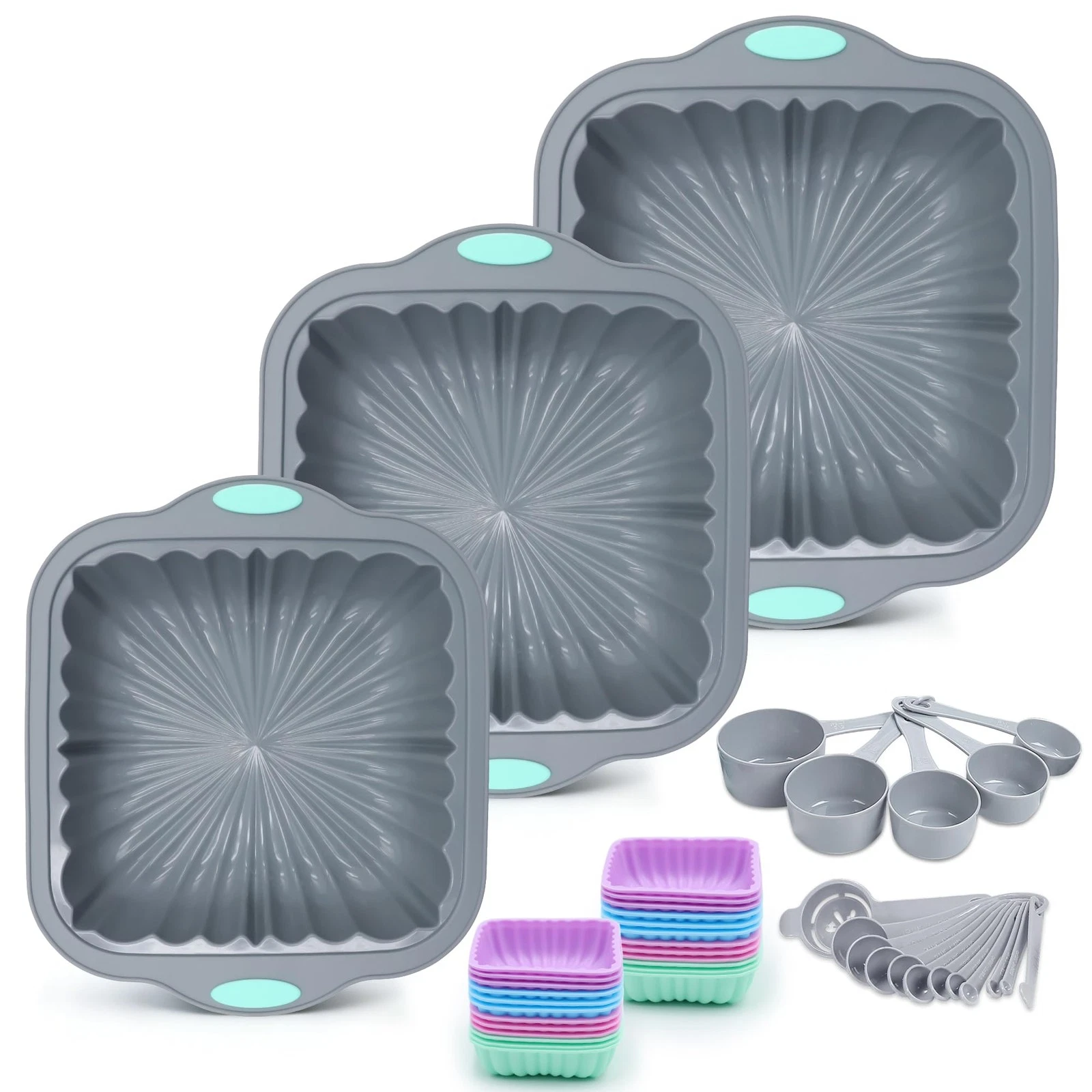 44 Pieces Silicone Square Cake Pans Set, 3 Sizes Silicone Fluted Cake Pan wit...