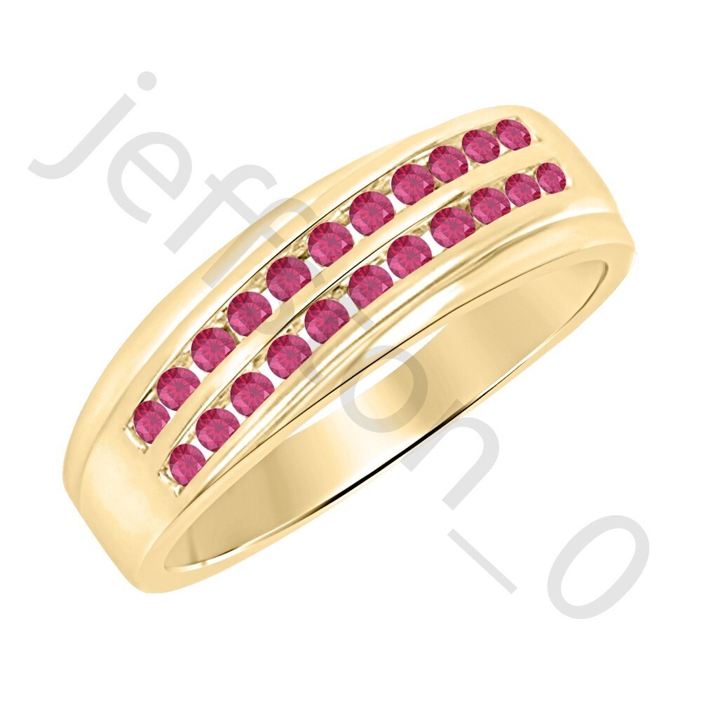 0.90 Ctw Lab Created Ruby 14K Yellow Gold Over Two Rows Band Men's Ring ...