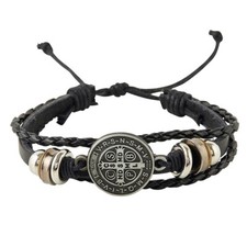 Saint St Benedict Medal Leather Stack Bracelet