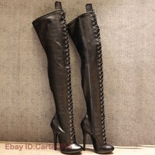 Fashion Womens Round Toe Lace Up Black Over Knee Boots Pumps High Heels Party