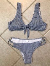 New No Tags Blooming Jelly 2 piece Navy/White Striped Women's Bikini Size Medium