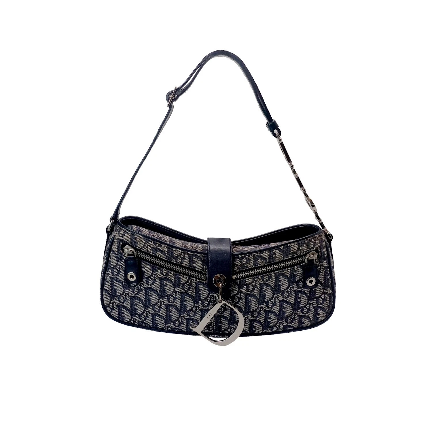 Sac baguette trotteur oblique vintage Dior avec breloque D toile bleu marine