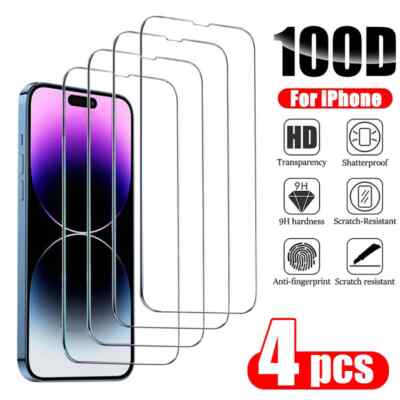 4PCS Tempered Glass Screen Protector for iPhone 12 13 14 15 16 Plus Pro Max X XS