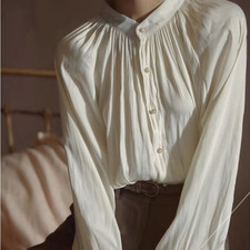 Women Chiffon Frill Shirt Button Down Retro Top Blouse Solid Office Daily Loose